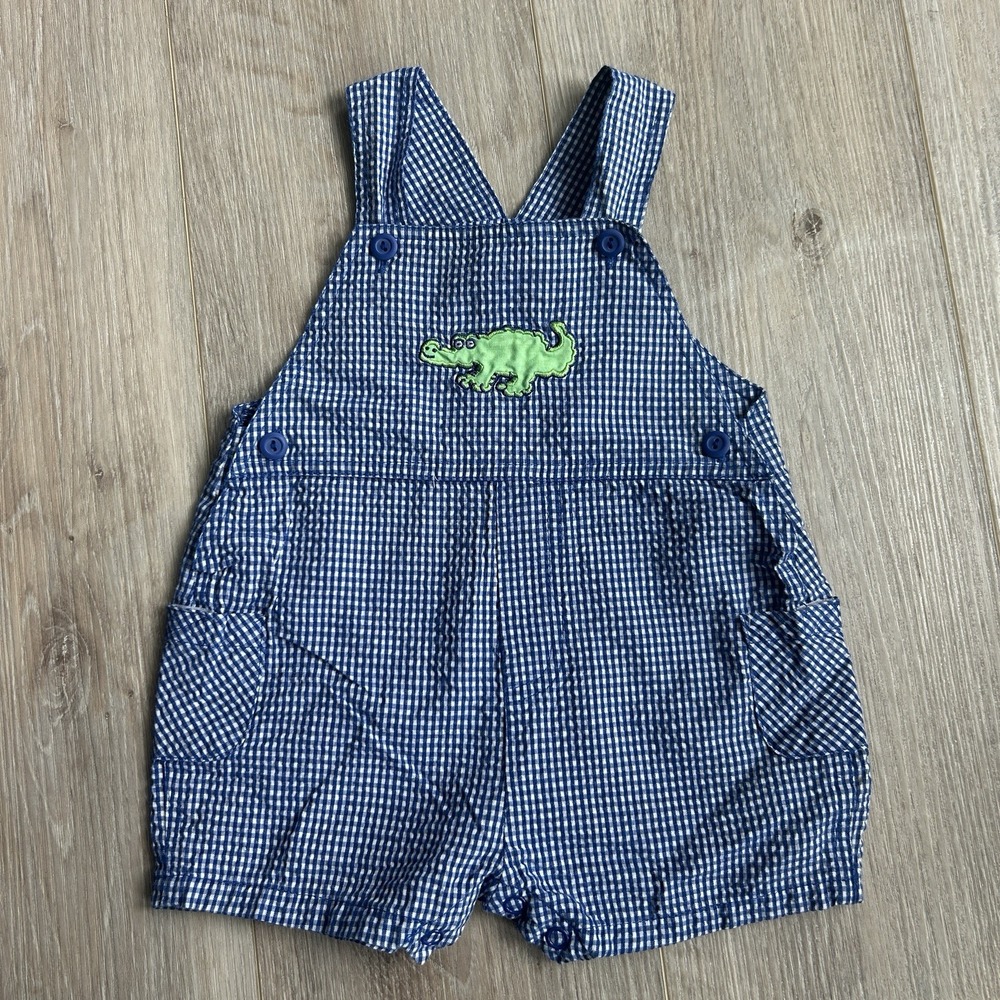 VTG Carters Gator Blue Gingham Overalls Infant Size 3-6 Months